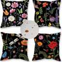 ONWAY Outdoor Waterproof Spring Summer Pillow Covers 16x16 Inch Set of 4 Floral Farmhouse Throw Pillows Decorative Cushion Cases for Outdoor Couch Sofa Patio Furniture Home Decoration Black