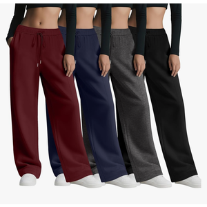 4 Pack Women's Wide Leg Sweatpants, Baggy Straight Elastic Waist Drawstring Multipack Lounge Trousers with Pockets Size XXL