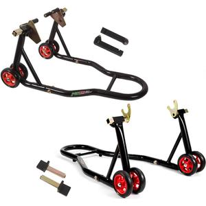 MOTO4U Motorcycle Front & Rear Stand, Front Rear Combo Stand Universal Wheel Lift Stand Swingarm Spool Lift Stand Paddock Stand (Red Wheel)