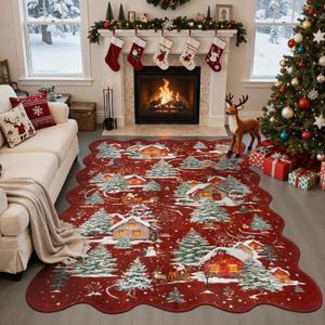 Collive Christmas Rugs for Bedroom, 5x7 Red Washable Area Rug Non Slip, Soft Ultra-Thin Christmas Tree Santa Claus Holiday Decor Carpet for Living Room Kids Room Nursery