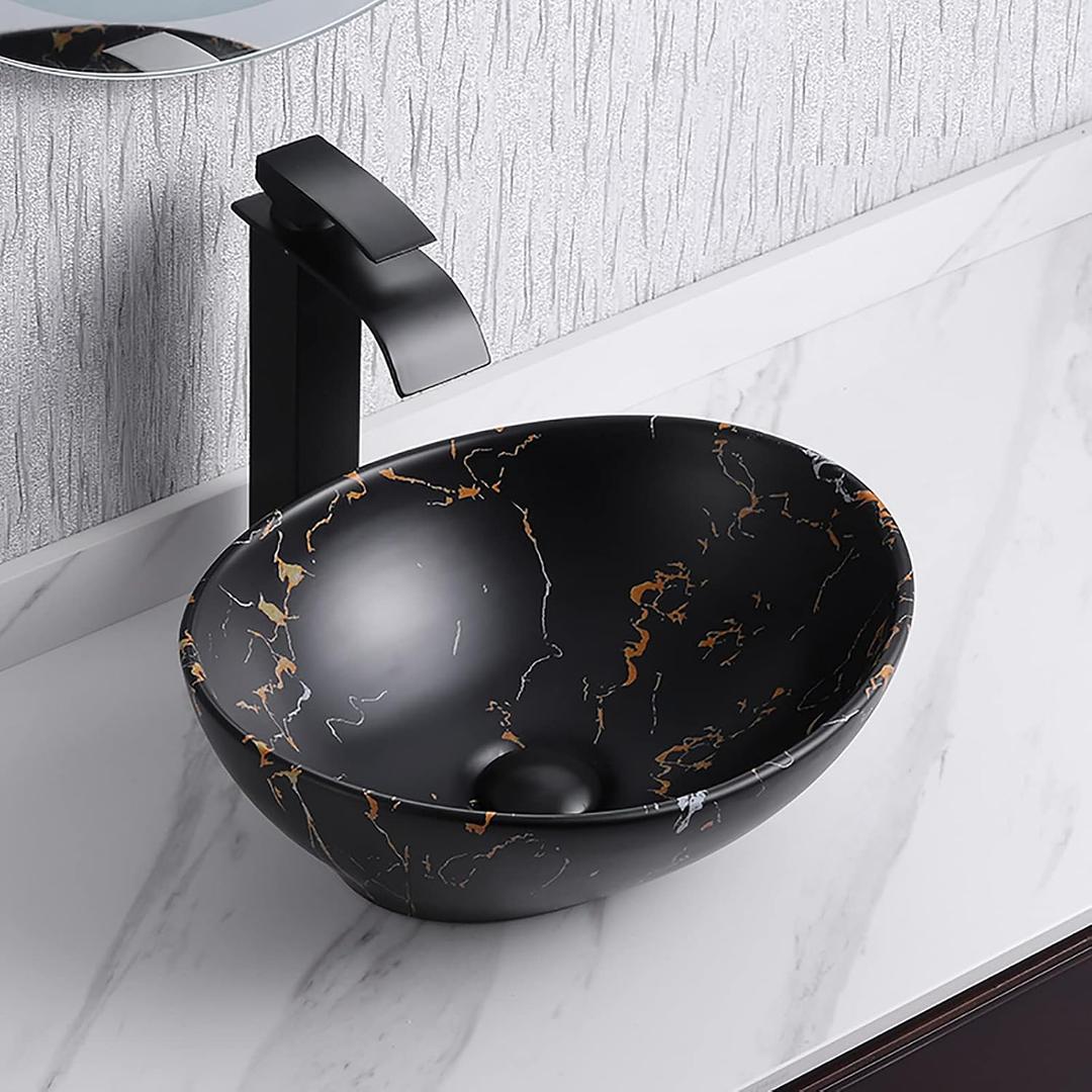 Davivy 16'' X 13.2'' Matte Black Oval Vessel Sink with Pop Up Drain,Bathroom Vessel Sinks,Bathroom Sinks Above Counter,Ceramic Vessel Sink,Counter top Sink,Black Sink Bowls for Bathroom, 16x13.2x5.8 Inches