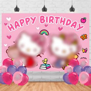 Kitty Cat Birthday Decorations,Cartoon Kitty Cat Backdrops for Party Decorations Supplies,Anime Happy Birthday Banner Backdrop for Party Supplies (5x3ft)