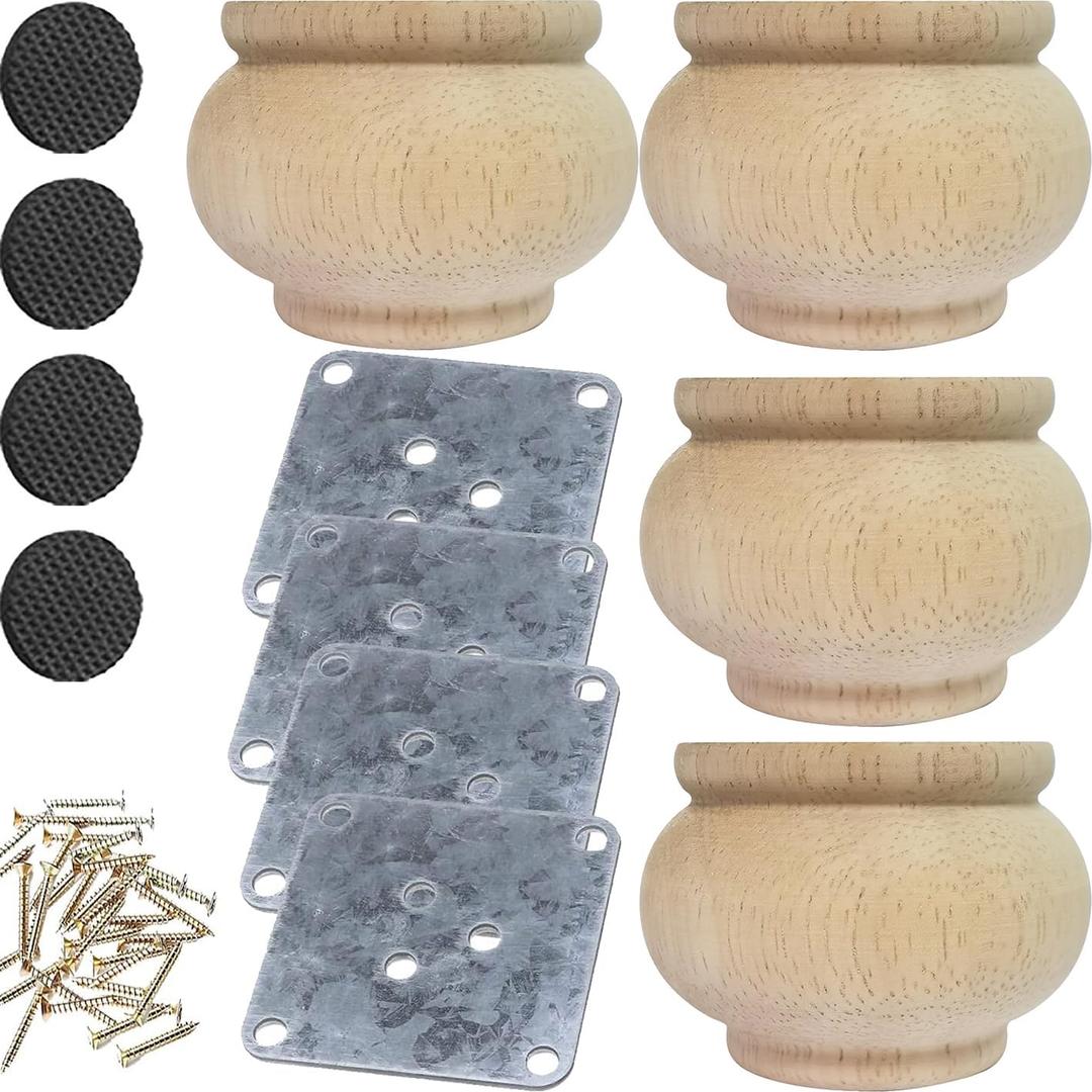 2 Inch Wooden Furniture Legs, Solid Wood Unpainted Replacement Furniture Legs, Cabinet Legs/Desk/Sofa/Bookcase Bun Feet, DIY Wooden Round Legs with Mounting Plate & Screws Set of 4 (2 Inch)