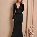 Long Sleeve Maxi Dress Deep V Neck Ruched Bodycon Elegant Semi Formal Wedding Guest Dresses for Women 2025 (Black, S)