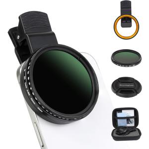 52MM Variable ND2-ND400 Filter, Ultra Slim Multi-Coated Adjustable Neutral Density Filter, Clip-on Phone Lens ND Filter Kit, Compatible for iPhone 15 14 13 12 11, Google Pixel and Other Smart Phones