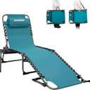 FUNDANGO Folding Chaise Lounge Chair Outdoor, 5 Positions Foldable Beach Lounges Chairs for Adults with Side Table & Pillow for Outside Tanning Pool Camping Patio Lawn (Cyan)
