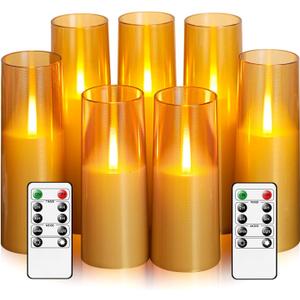 Flameless LED Candles Upgraded Realistic Flickering Flame,7Pcs Battery Operated Candles with Remote Timers,LED Pillar Candles for Home Decor,Christmas,and PartiesGold