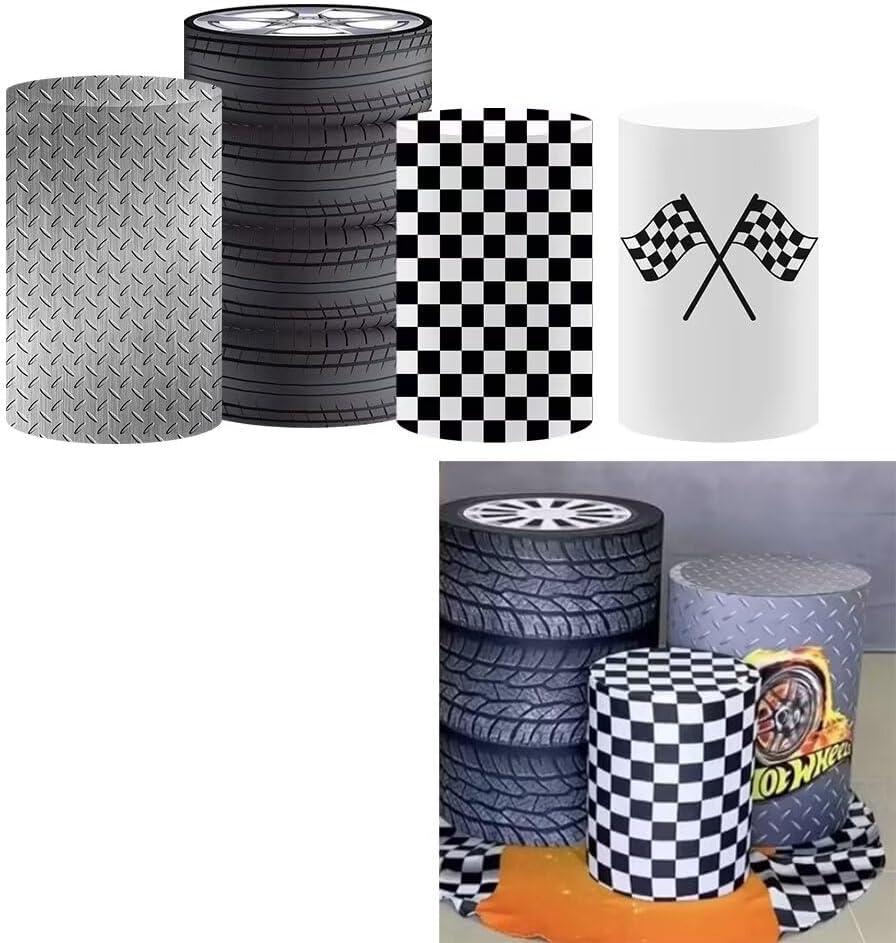 Black White Checkered Race Cylinder Pillars Covers for Racing Car Theme 1st Birthday Party Decorations Pedestal Stand Tablecloth Cover Boys Baby Shower Festa Parties(Fit for D12''x H22'' Tables)