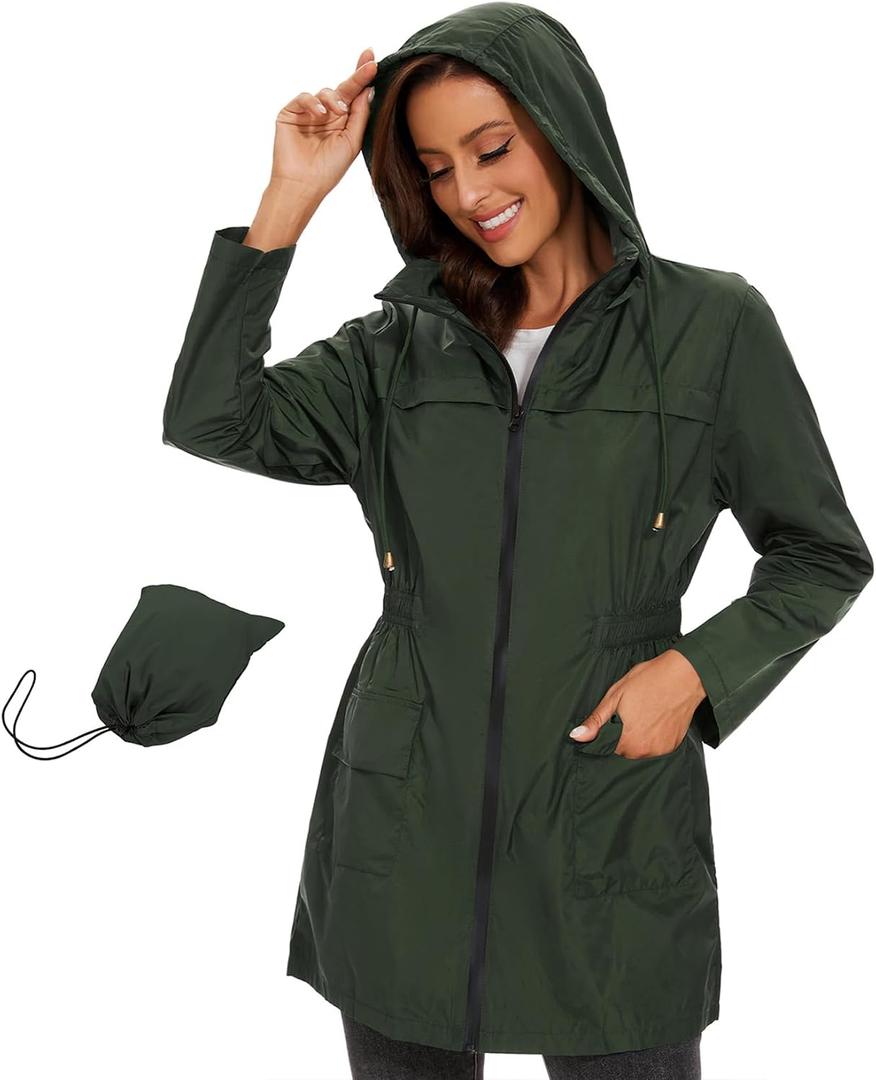 Century Star Packable Rain Jackets Waterproof Womens Rain Coats with Hood Lightweight Windbreaker Jacket (Green, L)