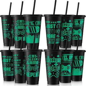 Mifoci Video Game Plastic Cups with Lids and Straws Reusable Tumbler with Lid and Straw Cute Iced Coffee Travel Cups Mug Water Bottle for Adult Kid Gaming Birthday Supplies(Black,12 Pcs)
