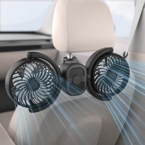 Rechargeable Dual-Head Fan for Car: USB Cooling Backseat Fans for Baby with 360 Rotatable 3-Speed Separate Controlled 16H Runtime 5V 2A Auto Electric Air Ventilation Cooler For Vehicle SUV RV Trunk