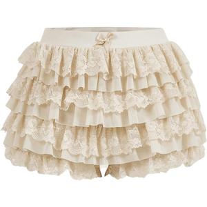Women's Y2k Ruffle Shorts Lace Lolita Bloomers Elastic Waist Bow Front Shorts Micro Boyshorts (Large, Apricot)
