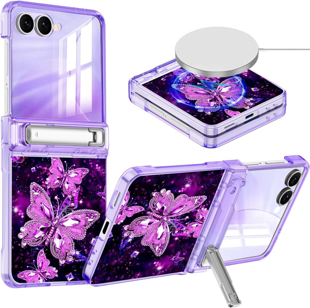 Hekodonk for Galaxy Z Flip 7 Case,[Compatible with MagSafe][Glow in The Dark][Front Screen Protector][Stand][Hinge Protection],Slim Fit for Women Girls for Samsung Galaxy Z Flip 7,All Purple