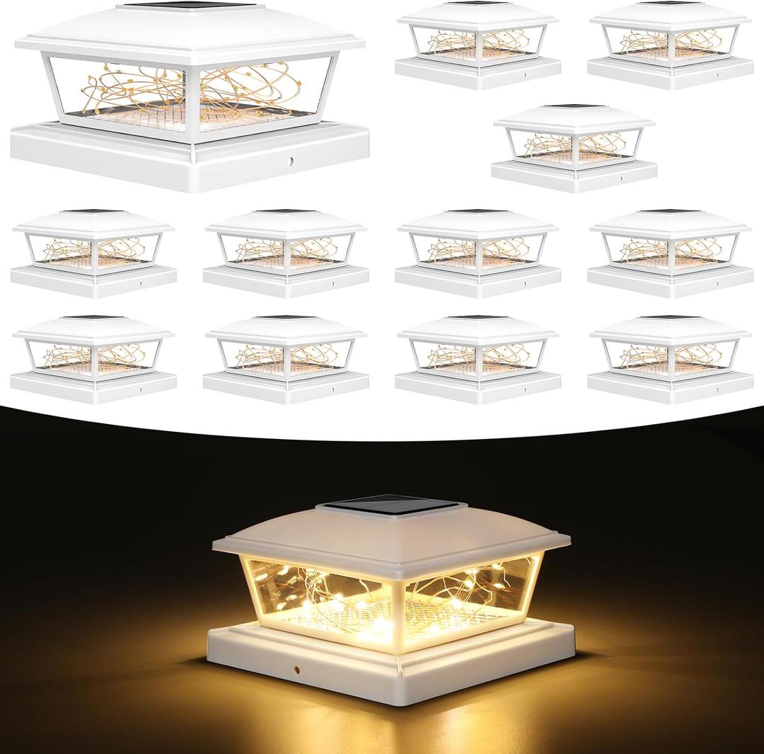 VOLISUN Solar Post Cap Lights Outdoor 12Pack, White Fence Cap Lights Solar Powered Fits 4x4 6x6 Wooden/4x4 5x5 Vinyl Post, Firefly filaments Lighting for Garden/Patio/Porch,with Warm White