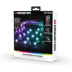 Monster 12ft Multi-Color Sound Reactive LED Light Strip, Customizable with Remote, Follows The Music, Desktop Monitor/HDTV Backlight, Xtreme Easy Installation