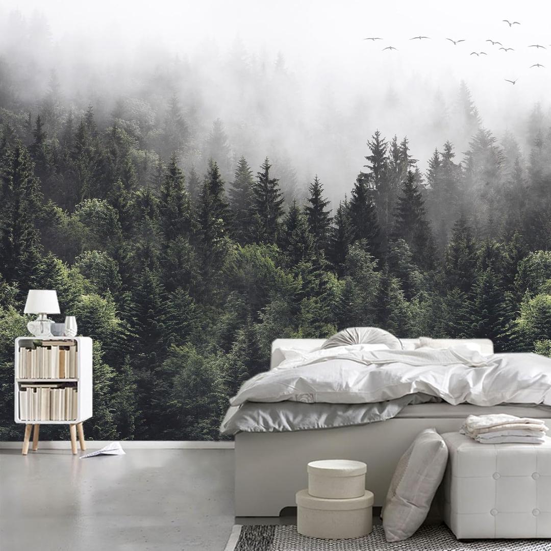 WFBHUA-Misty Forest Self Adhesive Wall Mural Foggy Pine Tree Wallpaper Peel and Stick for Living Room Bedroom 157x108