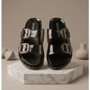 BRONAX Women's Double Buckle Size 7 Clear Jelly Sandals Black