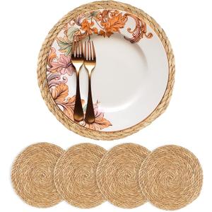 Round Woven Placemats 13 inch Set of 4 - Boho Rattan Placemats Natural Water Hyacinth Placemat, Farmhouse Weave Place Mats, Rustic Braided Wicker Table Mats for Dining Table,Home,Wedding
