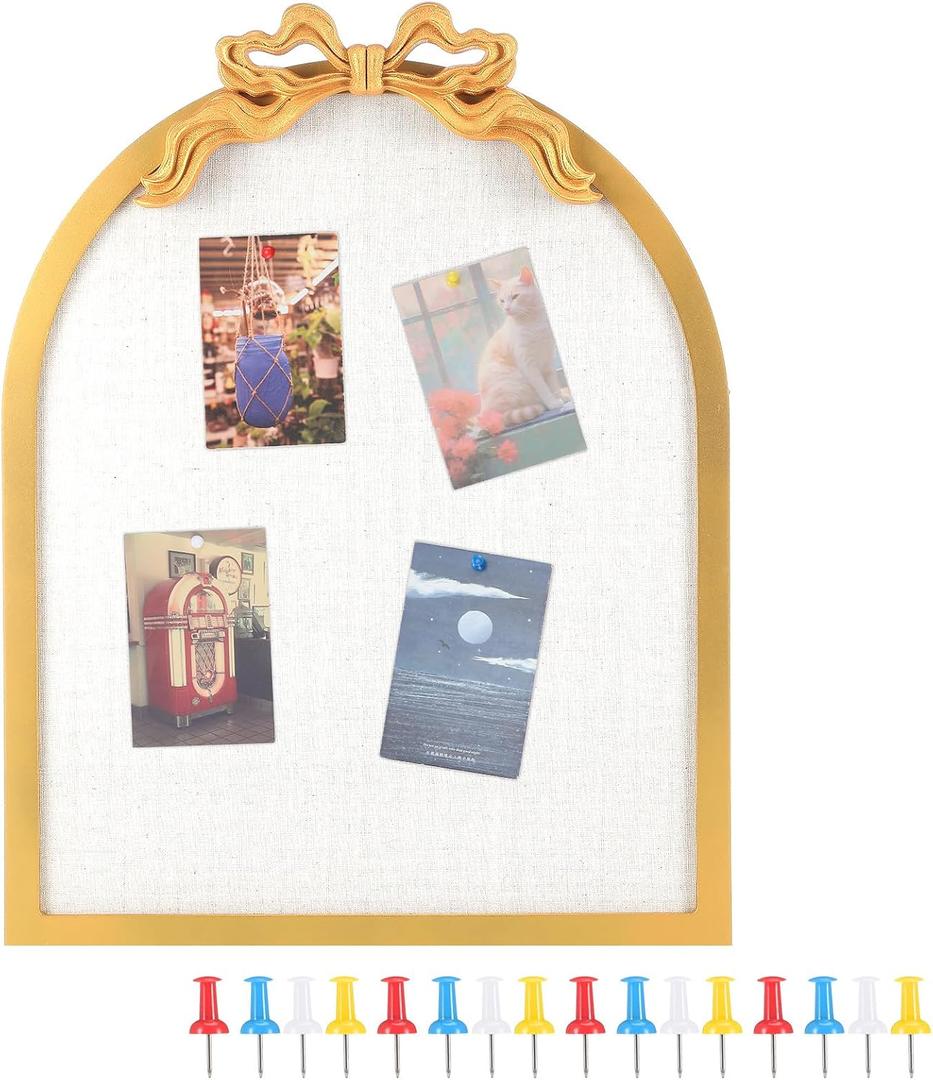 Briwooody Vintage Arched Linen Cork Board with Gold Bow Knot 21"x 16" Decorative Bulletin Board Iron Frame Large Pin Corkboard for Notes Photos Reminders Elegant Corkboard for Wall Home Office Decor, 25.2" x 19.7"