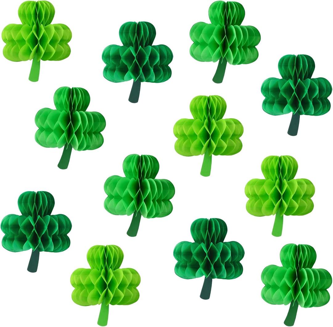 JULMELON 18 PCS St. Patricks Day Honeycomb Decorations, 3D Green Lucky Clover Shamrock Hanging Ornament Paper Irish Decor for St Patricks Day Party Supplies Classroom Home Bar Indoor Outdoor