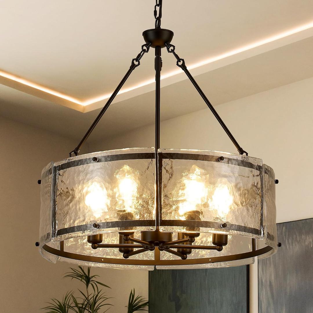 6-Light Glass Drum Chandelier for Dining Room Entryway, 24.4" 6-Light Chandelier
