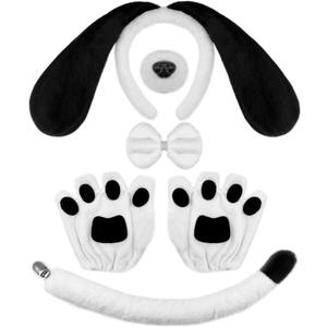 Dog Long Ears Headband - 5PCS Dog Ears Headband Paw Gloves Nose Bowtie Tail for Adult Women Halloween Puppy Costume Fluffy Floppy Animal Cosplay Party Accessories Set (Black and White)