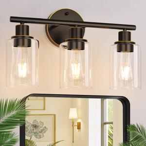 Zarbitta 3-Light Bathroom Light Fixtures, Brown and Gold Bathroom Wall Lights, Modern Vanity Light with Clear Glass Shade, Bathroom Wall Lamp for Mirror Hallway Cabinet