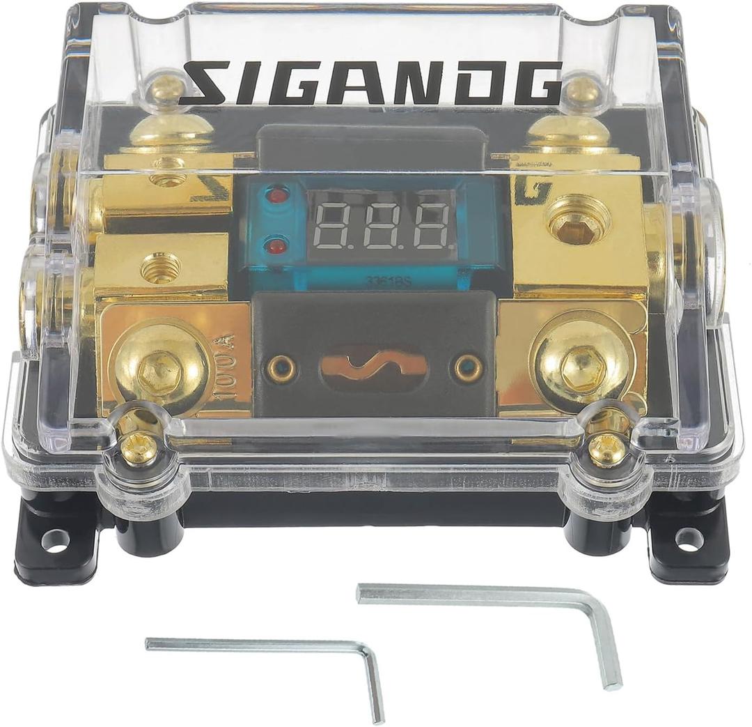 Car Audio Digital LED Voltage Display, ANL Fuse Holder Distribution Block 1 in 2 Out, with 2 Fuses and 2 Hexagon Wrench, Suitable for Car and Yacht Audio