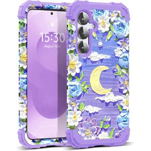 for Galaxy S25 Plus 5G Case,3 in 1 Oil Painting Flower Pattern Heavy Duty Protection Silicone Rubber Bumper+Hard Plastic Protective Cover for Samsung Galaxy S25 Plus,Purple/Yellow