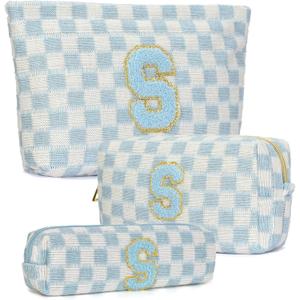 3 Pcs Makeup Bag Cosmetic bags for women Large Capacity Checkered Cosmetic Bag Canvas Travel Toiletry Bag Organizer Cute Makeup Bag Mother's Day Birthday Gift for Women (Blue S)