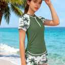 Girls Swimsuit Size 8 Rash Guard Swimsuit 2 Piece Girls Bathing Suits Size 8-10 Short Sleeve Color Block Girl Size 8 Swimsuits UPF 50+ Sun Protection Padded Zip Swimwear with Shorts