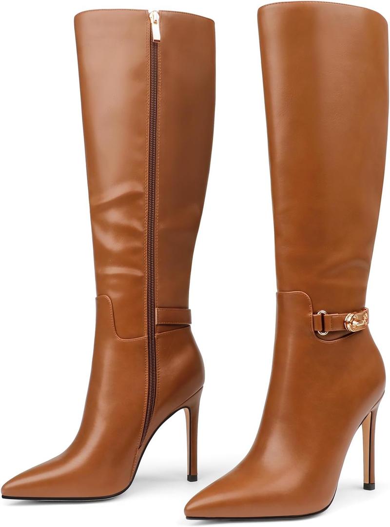 COLETER Women's Knee High Boots Pointed Toe Stiletto Buckle Dress Boots Zipper Heeled Boots Matte Brown 6.5US