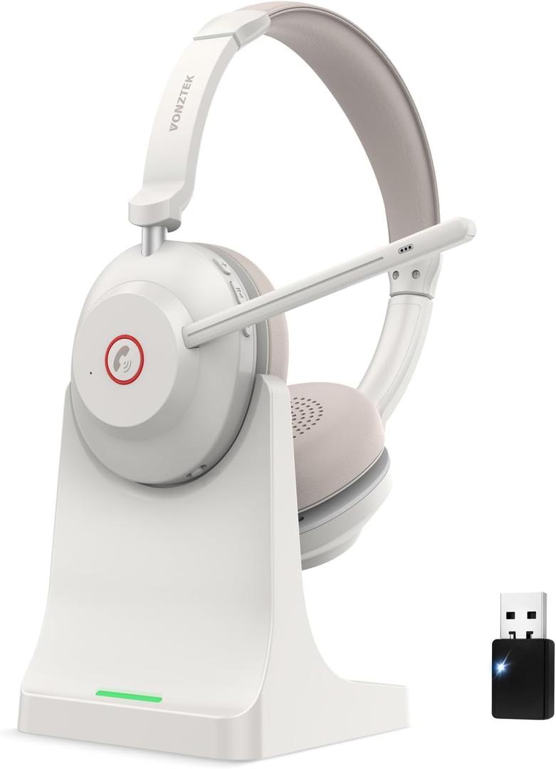 Wireless Headset, QCC 5.2 Bluetooth Headset with Microphone Noise Canceling/USB Dongle, Wireless Headphones with CVC 8.0 Dual Mic/Charging Dock for Office Remote Work Teams Meetings Computer Phone