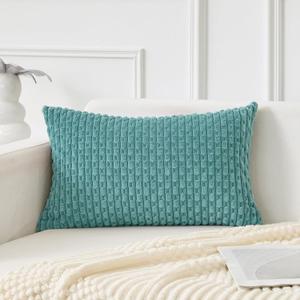 Kevin Textile 14x24 Inch Pillow Cover 1 Pack Boho Decorative Soft Striped Corduroy Lumbar Farmhouse Color Accent Rectangle Cushion Case for Living Room Couch Sofa Bed, Aqua Green