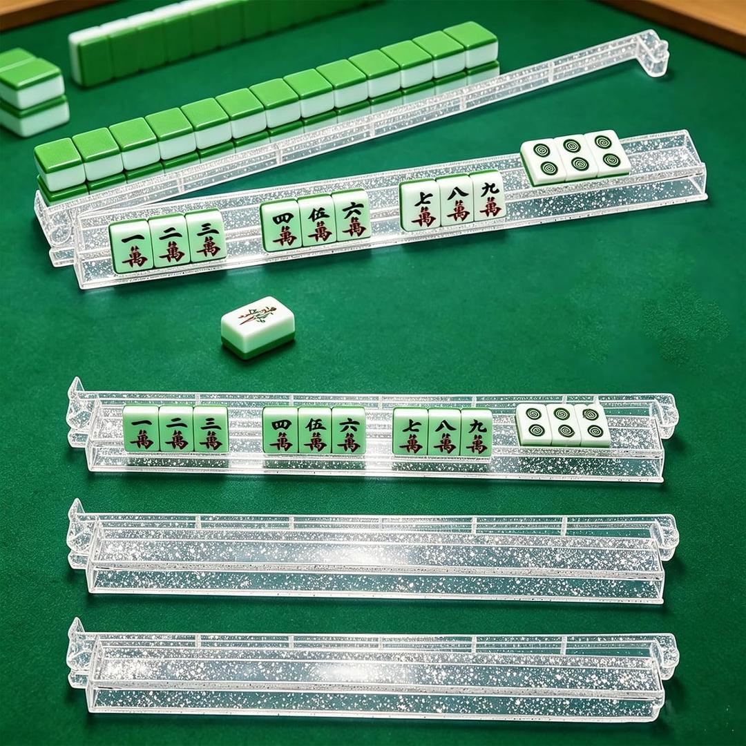 Non-Slip Mahjong Racks with Pushers - Set of 4 Pack Clear Acrylic Racks with Beautiful Silver Glitter, American Mahjong Tile Racks Accessories, Gift-Ready Mahjong Gifts (Clear)