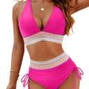 Blooming Jelly Women High Waisted Bikini Sets Tummy Control Swimsuits Color Block Two Piece Drawstring Bathing Suit (Medium, Hot Pink)