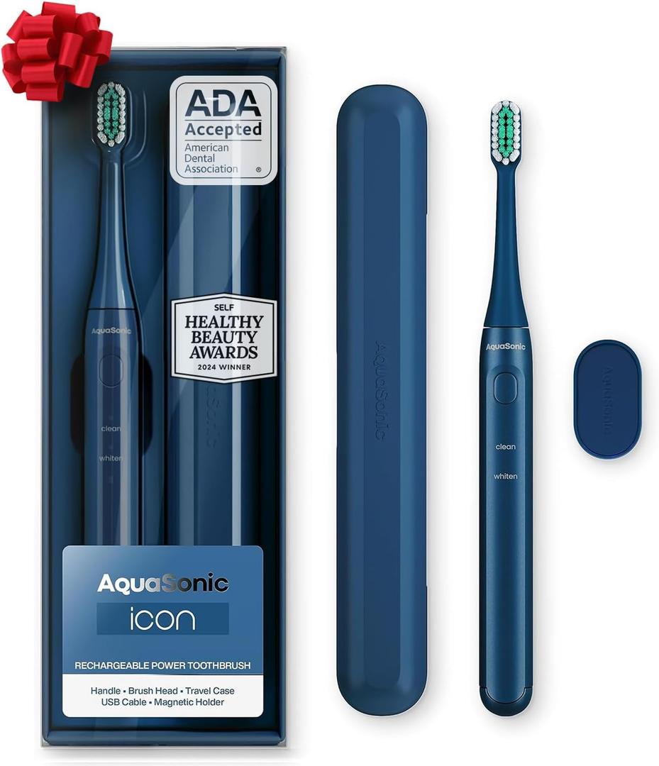 Aquasonic Icon ADA-Accepted Rechargeable Toothbrush | Magnetic Holder & Slim Travel Case | 2 Brushing Modes & Smart Timers | Gentle Micro-Vibrations (Navy) (1 Count (Pack of 1))