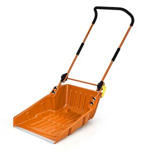 Folding Snow Pusher Scoop Shovel with Wheels and Handle - Orange - 24" x 26" x 58" (L x W x H)