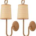 Boho Natural Rattan Wall Sconce Set of 2 Hand Woven Wall Lamp Rustic Wicker Wall Lights for Bedside Hallway Vanity Stairway Fireplace Living Room, UL Listed