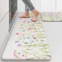 KIMODE Anti Fatigue Kitchen Mat for Floor, Farmhouse Floral Kitchen Rugs Sets of 2, Kitchen Floor Mats Non-Slip, Cushioned Standing Mat for Sink, Laundry, Desk, Home White 17"x47"+17"x29"