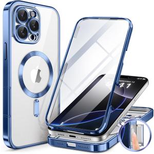 BERFY Magnetic for iPhone 16 Pro Max Case 6.9", [Compatible with Magsafe] Built-in 9H Tempered Glass Screen Protector & Upgraded Camera Protection, Full-Body Plating Phone Case for 16 ProMax, Blue