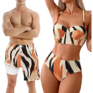 Couples Matching Swimsuit Zebra Print, Push-Up Bra Women Bikini Set, Soft Elastic Men Swim Trunks (Medium)