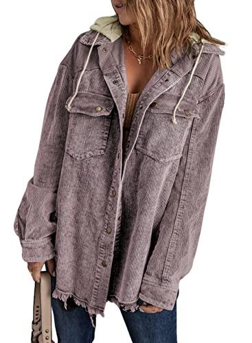Dokotoo Womens Winter Fall 2025 Coats Long Sleeve Flannel Shirts Button Down Contrast Color Block Oversized Fashion Casual Hooded Corduroy Pocketed Shacket Jacket Women Purple Small