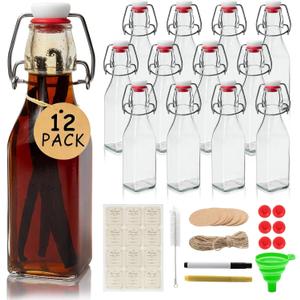 Ruckae Square Swing Top Glass Bottles with Lids Kombucha Coquito Flip Top Glass Bottle for Syrup Vanilla Extract Brew Beer Kefir Air Tight Bottles for Gift (8.5 oz 12 Pack)
