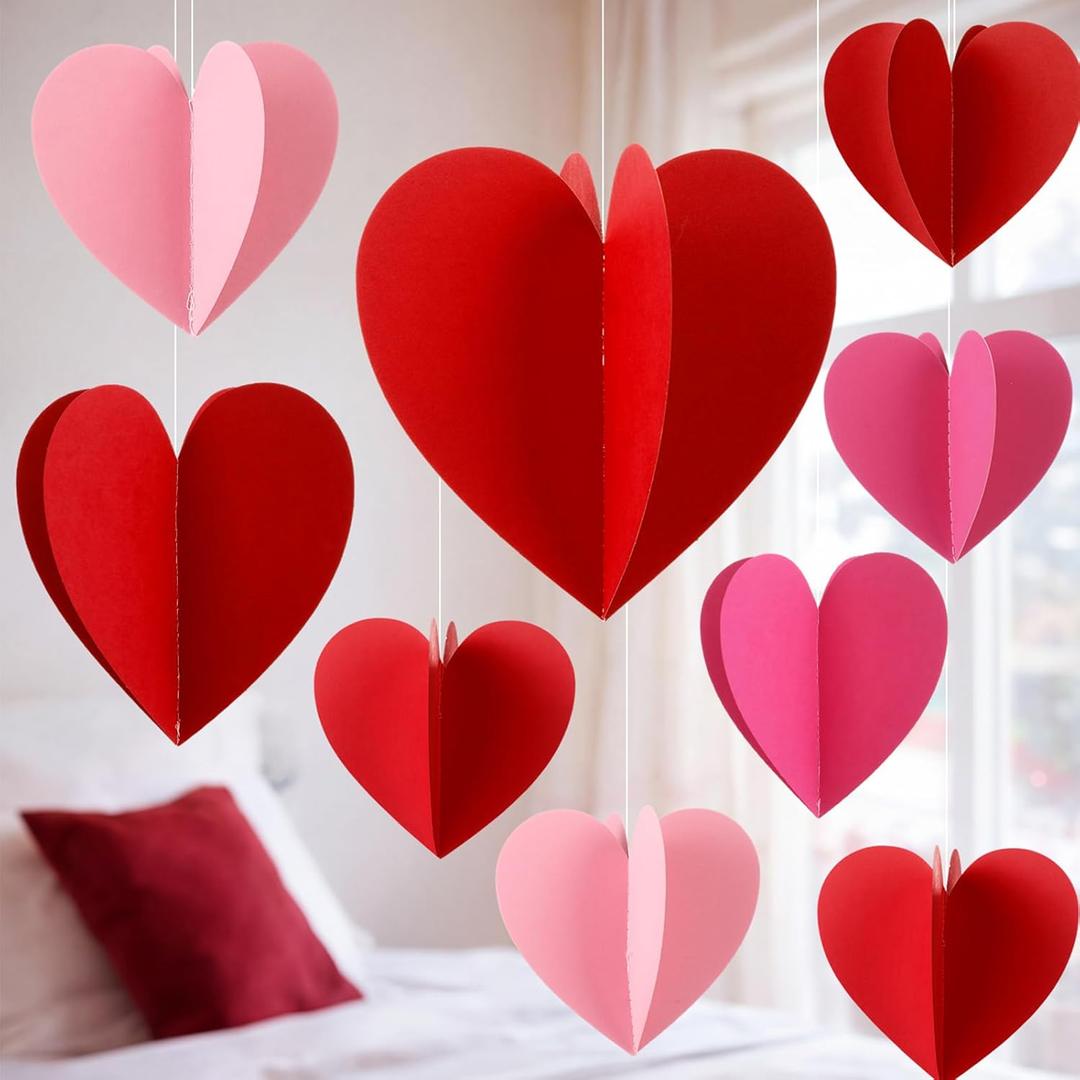 Tinlade 27 Pcs Large 3D Valentines Heart Decorations 7.8 x 7.8 Inch Red Pink Rose Red Paper Hearts Hanging Ornaments for Valentine Wedding Engagement Anniversary Bridal Shower Party Decor