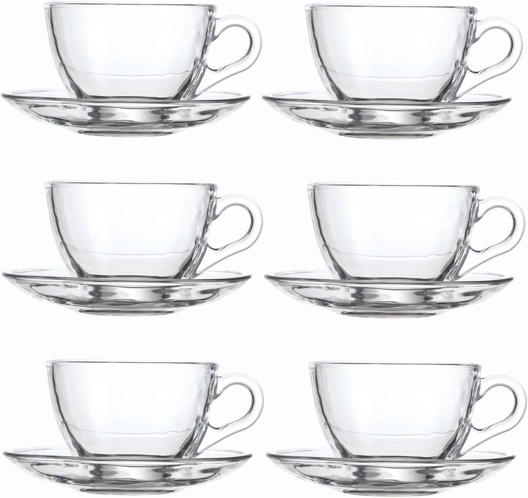 Glass Teacup and Saucer Set, 6 Pack Coffee Mug with Stainless Steel Spoon Suitable for Espresso Juice Cappuccino and More Beverage, 7OZ/210ML, Clear