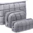 Huhumy 3 Pcs Puffy Makeup Bag Quilted Cosmetic Pouch for Women Cute Checkered Travel Toiletry Bag Puffer Makeup Organizer Purse Pouch Preppy Pencil Case with Zipper (Gray)