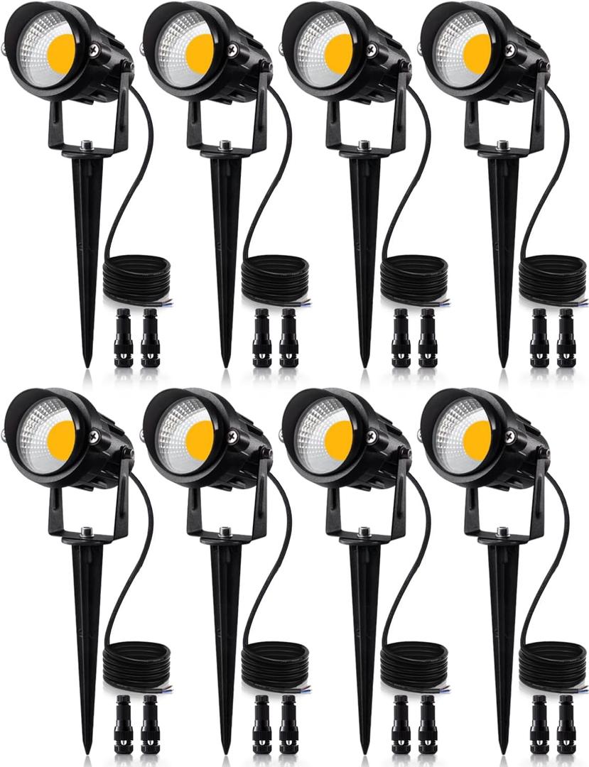 SUNVIE 12W Low Voltage Landscape Lights LED Landscape Lighting with Connectors 12V Warm White (900LM) Waterproof Garden Low Voltage Lights Wall Tree Flag Outdoor Spotlights with Spike Stand, 8 Pack