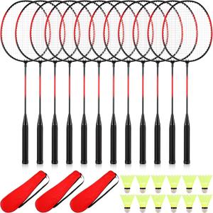 12 Pc Badminton Racket Set Including 12 Nylon Shuttlecocks, 3 Carry Bags, for Outdoor Lawn Backyard Games, Lightweight for Beginners Adults Portable, Red Black