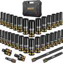 Boen 1/2'' Drive Impact Socket Set, 35PCS SAE (3/8 to 1-1/4 inch) and Metric (8mm-24mm), Deep Socket Set, 6-Point with Yellow Embossed Marking, CR-MO